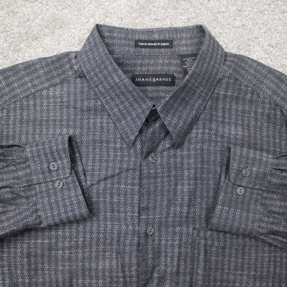 Jhane Barnes Shirt Mens XL Gray Geometric Cotton/Rayon‎ Long Sleeve Snap Collar